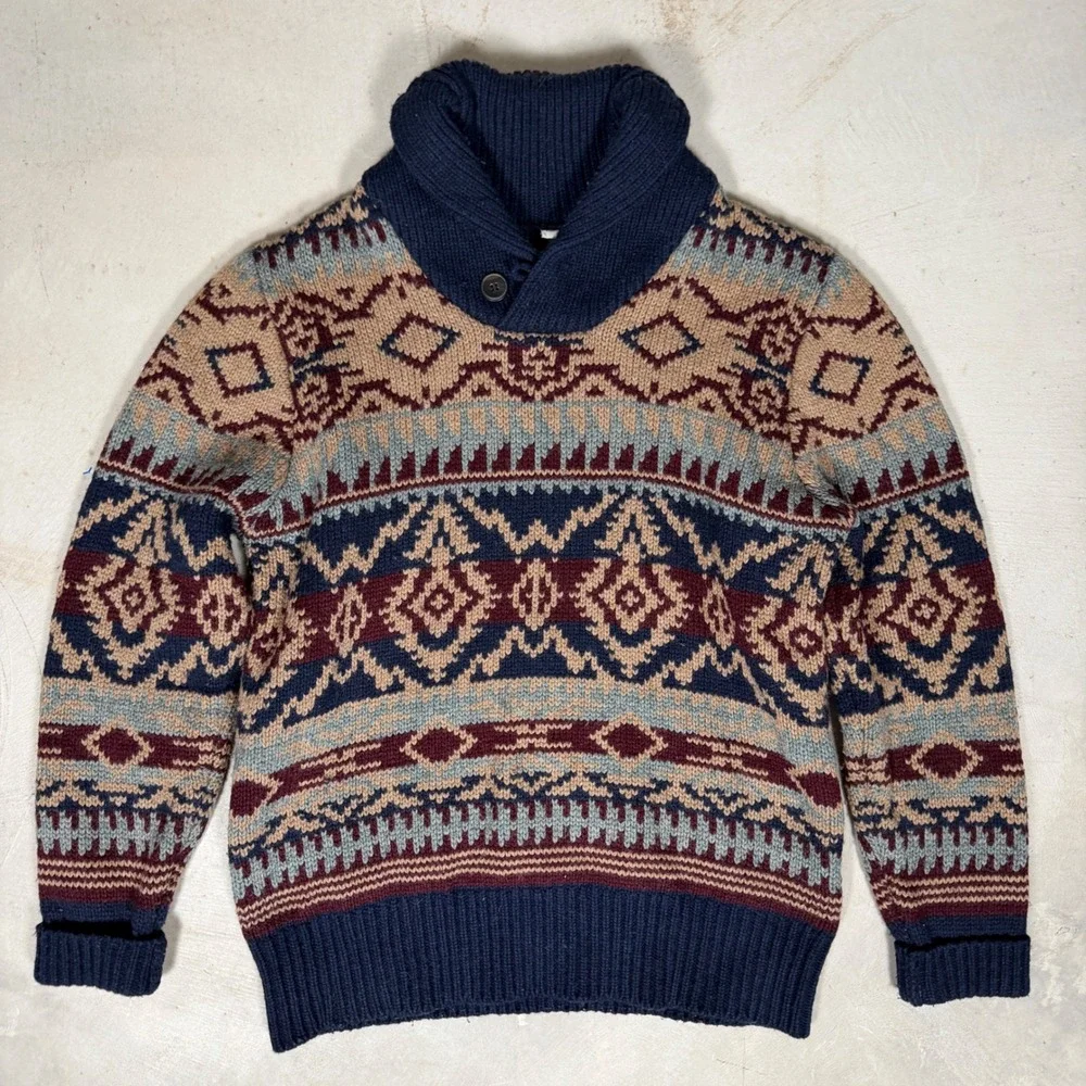 Schott Bros Mens M Wool Blend Shawl‎ Collar Southwestern Fair Isle Sweater Navy
